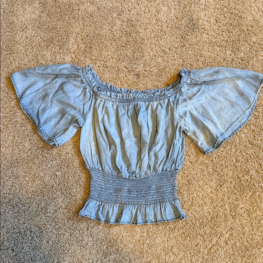 She + Sky Denim Blue Smocked Blouse